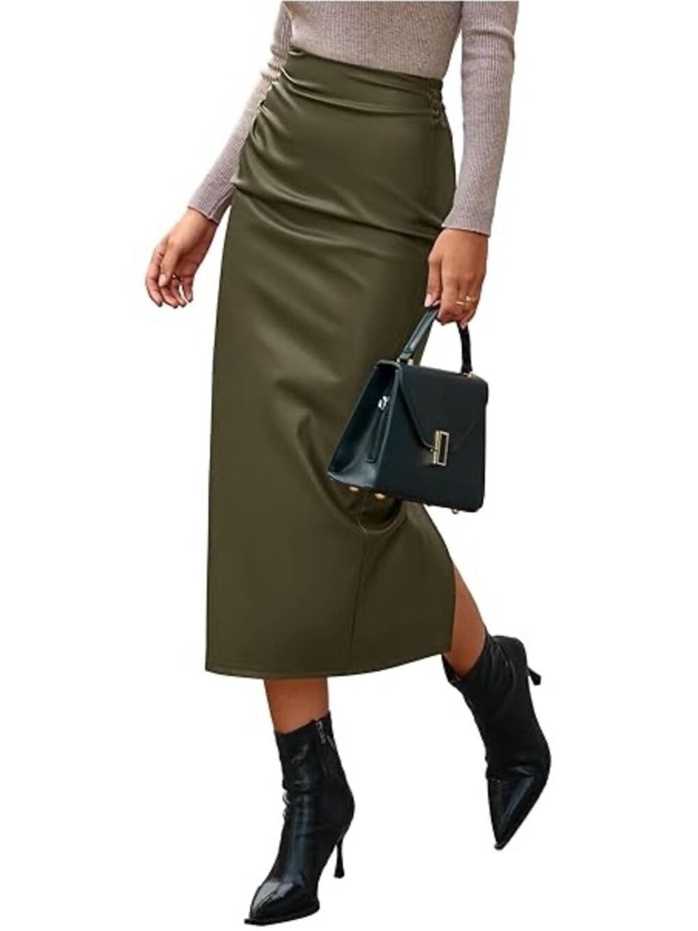 BTFBM Faux Leather Pull-On Elastic Waist Olive Green Midi Pencil Skirt